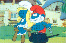 Papa Schlumpf macht aus Schlumpfines Haaren einen Zaubertrank.